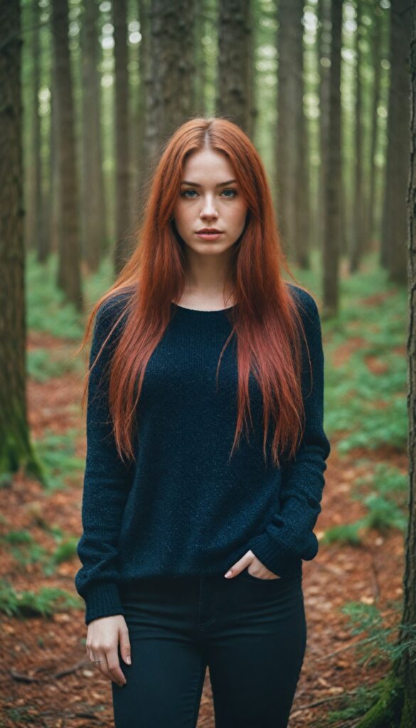 a beautiful, pretty girl with red soft long hair, black dressed in a thin sweater, in a forest