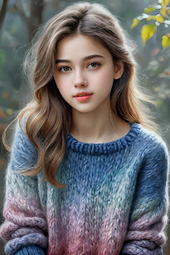 super realistic, detailed, ((gorgeous)) ((stunning)) cute young breasted girl, full portrait, 18 years old, wathercolor drawing, thin wool sweater