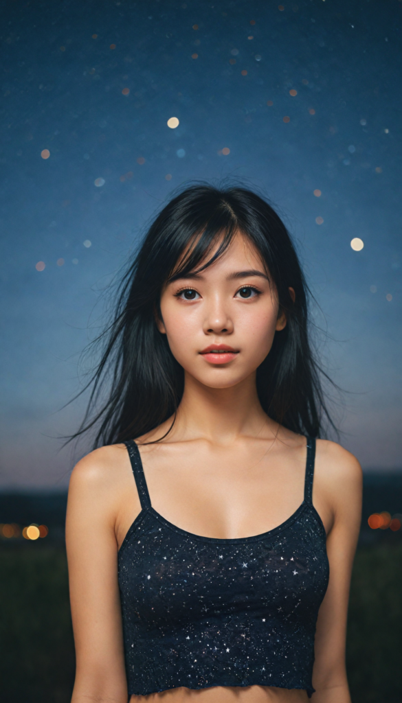 generate a photorealistic upper body image of a (realistically drawn passionate emo girl with long soft black straight hair, wears a short form-fitting cropped tank top, caught in a moment of surprise) featuring intricate details and realistic textures that mimic the look of (amber eyes), paired with a (starry night sky) backdrop. The scene should embody the (passionately emotive style) associated with the name, bringing together the (softly twinkling starlight) and (deeply felt emotional depth) that define this captivating aesthetic