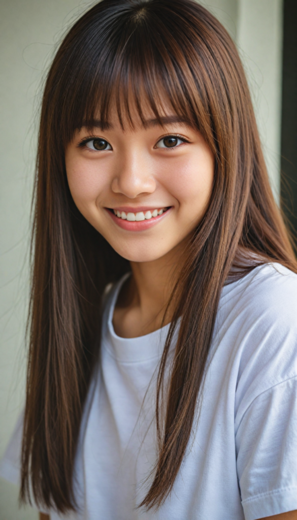 (portrait), detailed, (a Japanese young cute girl), long straight soft detailed hair, realistic detailed amber eyes, bangs cut, white t-shirt, smile, white teeth