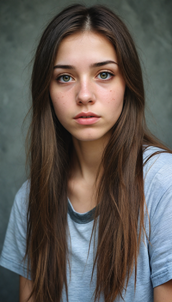 a (stunningly drawn teen emo girl) with (incredibly long, soft brown straight hair), framed by a (vividly gray backdrop), tears streaming down her face, reflecting a (sad expression) that suggests the weight of the world resting on her shoulders, amber eyes