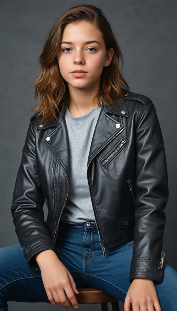 a teen girl, best quality, masterpiece, ultra high resolution, photo realistic, detailed skin, (black short aviator leather jacket), lounging, (grey background)