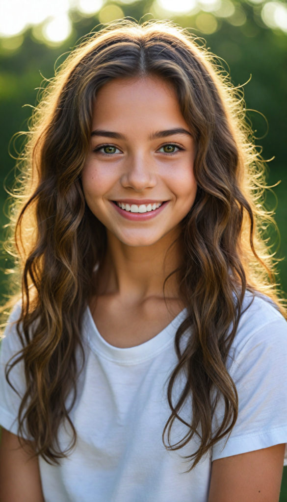 (portrait), detailed, (a young girl), long wavy soft detailed hair, realistic and detailed dark eyes, full lips, white t-shirt, smile, white teeth, against a sunny green backdrop