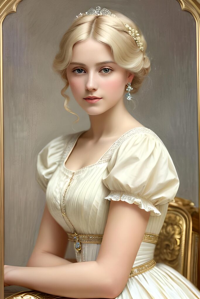 a beautifully drawn (((blonde woman))) in the style of late 19th century, with delicate details and a soft color palette that evokes an atmosphere of timeless elegance