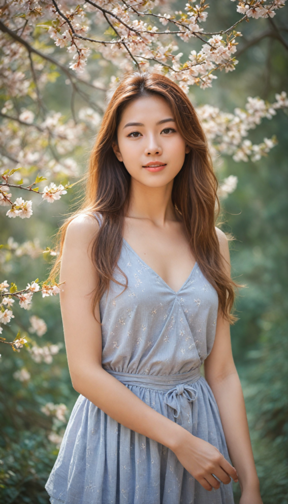 a captivating portrait of a young Japanese girl with flowing long hazelnut hair cascading gracefully over her shoulders, framed by soft cherry blossom petals gently falling around her. She has a warm, inviting smile that lights up her natural beauty. Dressed in a stylish grey tank top that complements her perfect, graceful curves, the image captures a dreamy, sunlit atmosphere, reminiscent of a soft pastel painting, blending elements of Impressionism and contemporary portraiture. The background features a subtle watercolor wash, enhancing the tranquil scene.