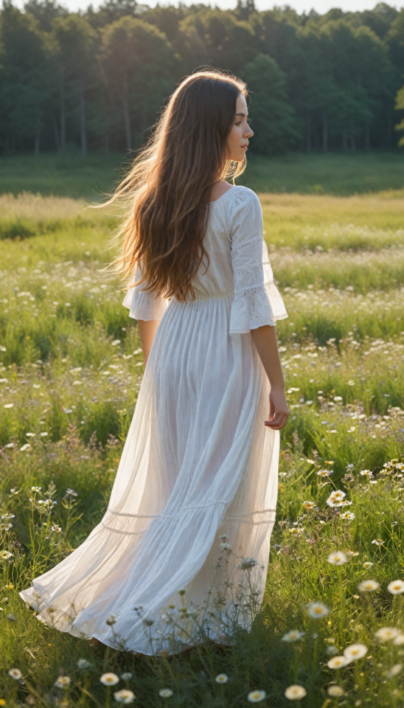 a young girl with soft long straight hair cascading down her back, stands in front of viewer in a sun-drenched meadow filled with wildflowers. The scene is infused with an ethereal glow, reminiscent of a dreamy impressionist painting. The girl wears a flowing white dress.