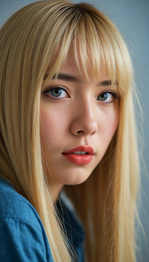 create a detailed and masterpice of (side view) portrait: a Japanese girl, long blond soft straight hair, bangs, she looks astonished and her mouth is slightly open, (her eyes are light blue) (full red lips) (round face) perfect shadows and light