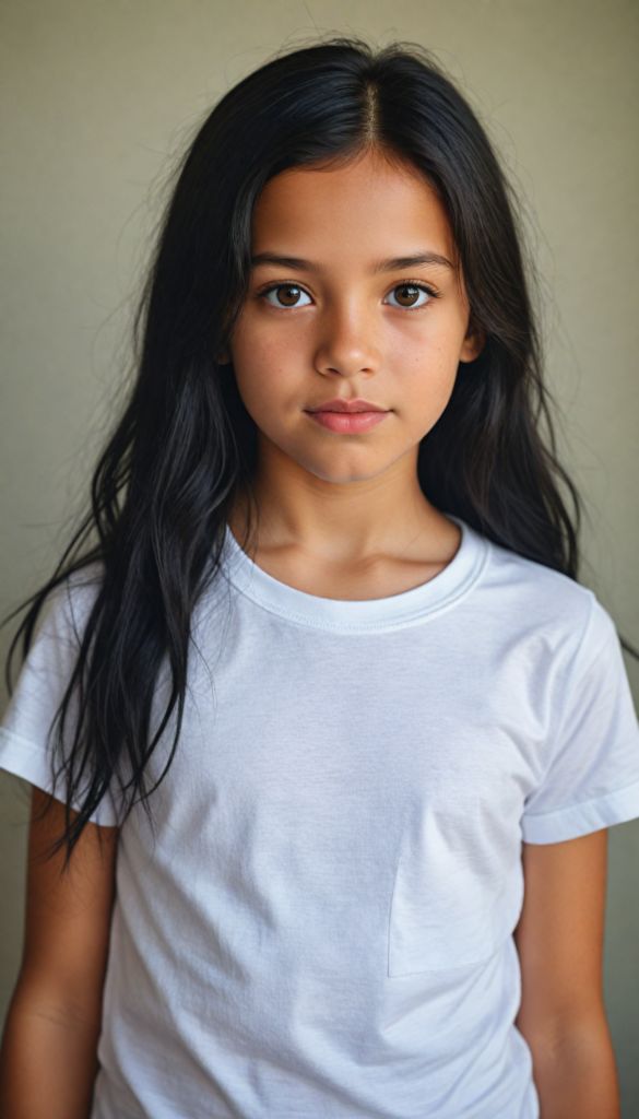 super realistic, detailed portrait, a beautiful young girl with long obsidian hair looks sweetly into the camera. She wears a white t-shirt.