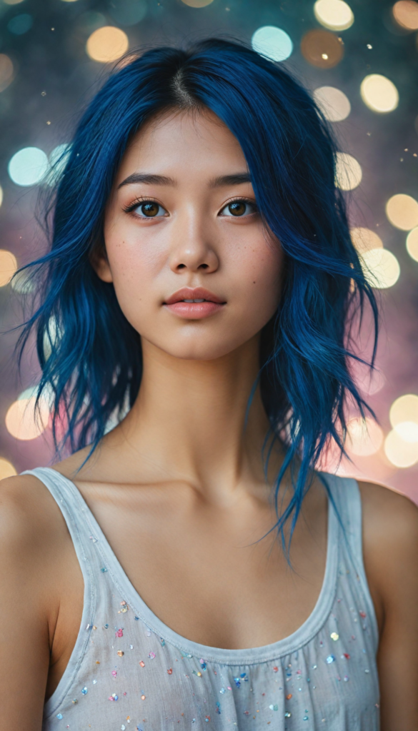 hyper-realistic, intricately detailed portrait of a captivating young Asian girl with flowing, iridescent dark blue hair that glimmers like the night sky. She gazes softly into the camera, her expression embodying a blend of innocence and curiosity. Adorned in a delicate, sheer white tank top that subtly catches the light, the background features a dreamy bokeh of soft pastel colors, creating an ethereal atmosphere. Incorporate elements of watercolor splashes and shimmering glitter for a magical touch, reminiscent of contemporary fantasy art styles.