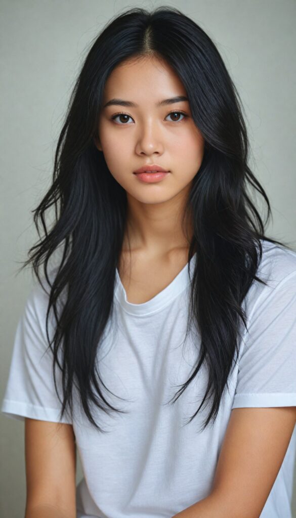 a breathtakingly (realistic portrait), capturing the essence of youthful beauty, featuring a (Asian teen girl) who exudes (serene elegance), with long, flowing (straight black hair), and a (flawlessly detailed angelic face), where her (soft, realistic hazelnut eyes), she is clad in a white T-shirt, with flawless anatomical proportions that draw the eye, against a (subtle, uncluttered backdrop of white). The overall atmosphere evokes a (cinematic sophistication) that exudes timeless appeal