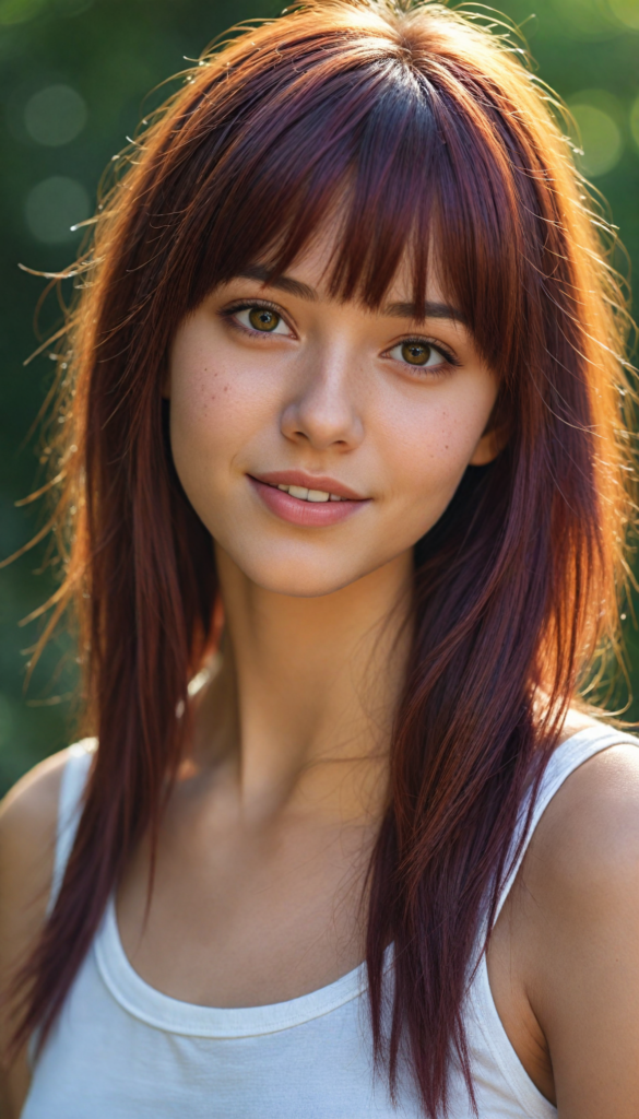 cute teen girl, detailed hair, bangs, white short cropped tank top, perfect curved body, ultra realistic face, realistic amber eyes, detailed maroon straight hair, a stunning photo with beautiful saturation, ultra high resolution, deep shadow, (best quality, masterpiece), highly detailed, depth of field, film grain, looking at viewer, warm smile, (upper body), masterpiece, ultra realistic, extremely detailed CG unity 8k wallpaper, best quality