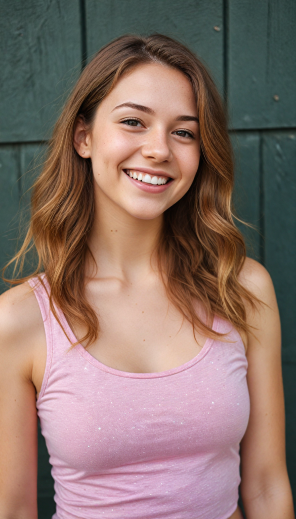 a upper body portrait from a (teen girl) with a joyful and sunny smile, wearing a sleek and fitted short crop pink tank top that showcases her perfect, curves, captured in a (flawless portrait), with long, flowing, straight hazelnut hair cascading down