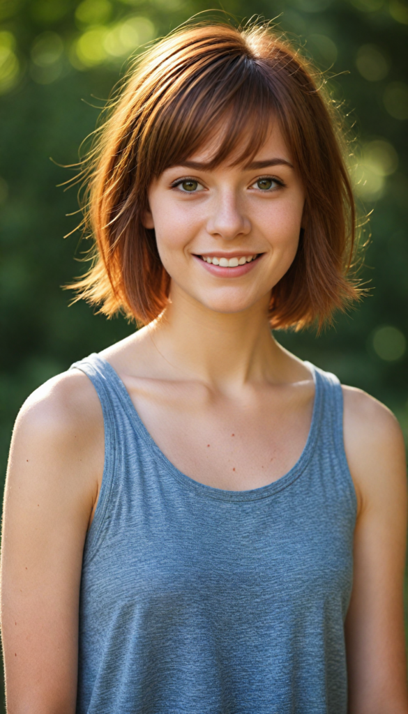 a beautiful (teen girl) with auburn hair in bob bangs cut, styled in a sleek, short-cropped tank top, (vividly realistic photo), (natural background), very happy, dimmed light