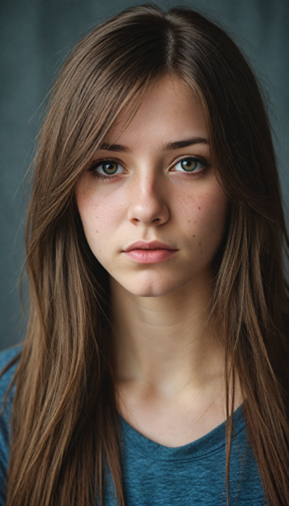 a (stunningly drawn teen emo girl) with (incredibly long, soft brown straight hair), framed by a (vividly gray backdrop), tears streaming down her face, reflecting a (sad expression) that suggests the weight of the world resting on her shoulders, amber eyes