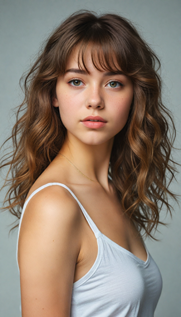 a (beautifully drawn full body portrait) of a (young teen girl with long, messy, straight hair), capturing a (stunningly realistic) curl pattern), advanced facial features that exude cuteness, like (baby-doll eyes), a cropped bang haircut that frames her face, hair color that mimics (hazelnut) tones, a detailed yet angelic complexion, looking directly into the camera, a (side profile portraits), with impeccably drawn curves and contours that match her figure, against a (softly contrasting white backdrop), a short, sleeveless top and super short, cuffed pants that accentuate her (flawless anatomical proportions)