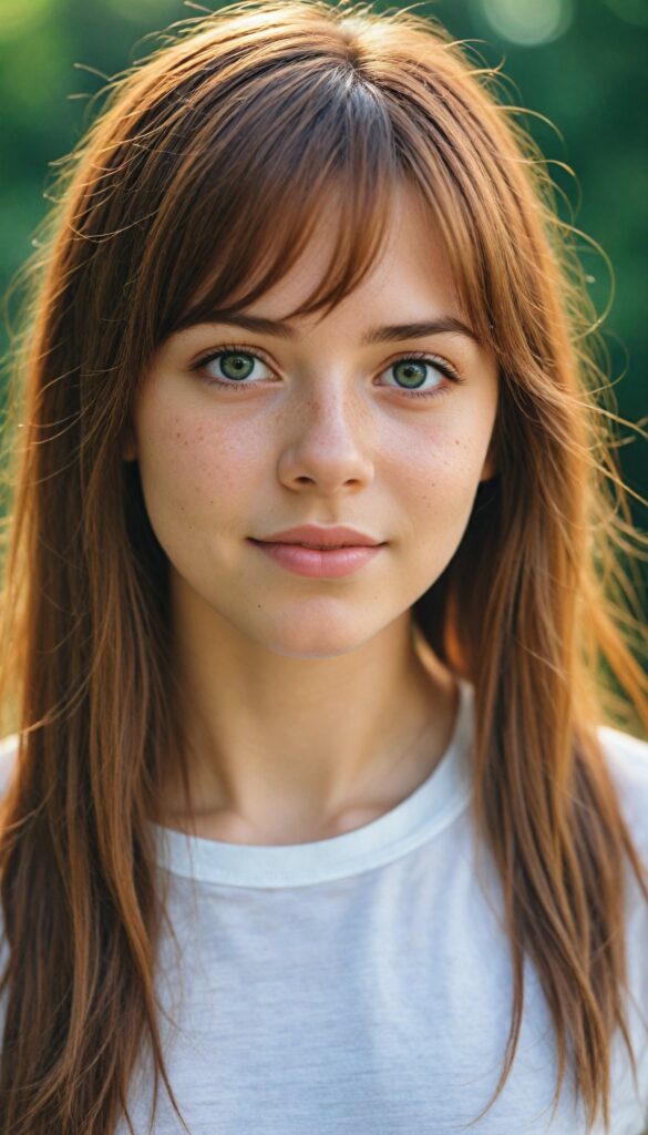 a detailed and realistic photo from a (cute) young girl (long, messy straight auburn hair, bangs), (stunning), (gorgeous), beautifully realistic, cinematic lights, realistic detailed angelic round face, (realistic detailed amber eye) looks happy at the camera, perfect curved body, (wears a super short tight (white t-shirt)), perfect anatomy, side perspective, against a sunny green backdrop