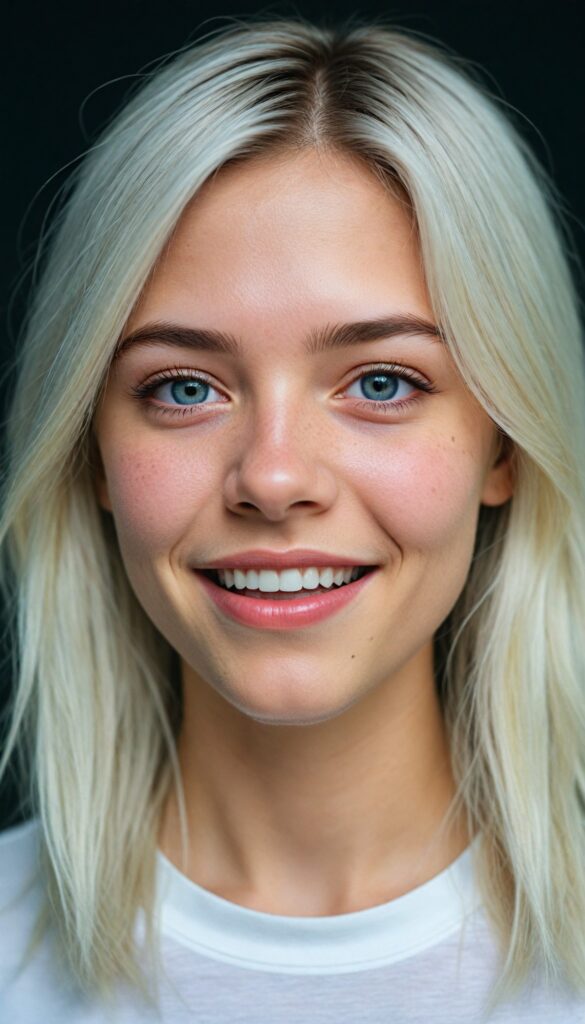 a breathtakingly detailed and hyper realistic (professional photograph), portraying an intensely sorrowful expression on the face of a young teen girl with straight, silky jet white soft hair cascading down her shoulders, round face, full lips, smile, white teeth despite its perfect length and texture suggesting advanced age, paired with a minimalist (white short sleeve t-shirt)