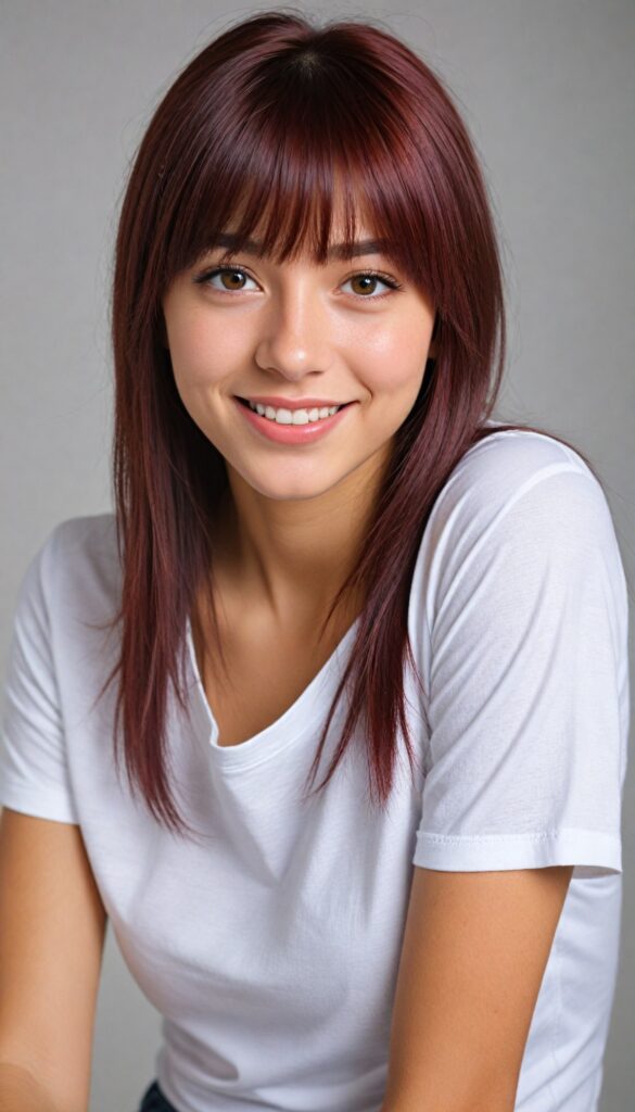 cute teen girl, detailed straight hair, styled bangs, white tight short t-shirt, perfect curved body, ultra realistic face, realistic amber eyes, detailed maroon straight hair, a stunning photo with beautiful saturation, ultra high resolution, deep shadow, (best quality, masterpiece), highly detailed, looking at viewer, warm smile, ultra realistic, side shot, white background, full body shot