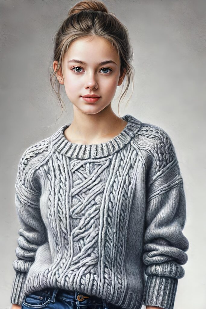 super realistic, detailed, ((gorgeous)) ((stunning)) cute young breasted girl, full portrait, 18 years old, pencil drawing, thin wool sweater