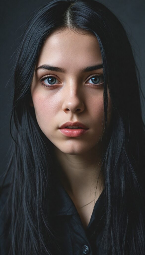 a (breathtakingly realistic full body portrait), (dark fantasy concept) featuring a beautifully drawn close-up of a young gothic teen girl with exquisite facial features and striking black eyes, long straight fine black hair, dressed in a (black coat), (grey background)