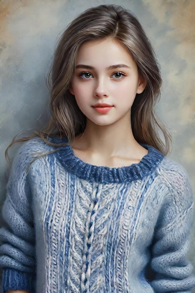 super realistic, detailed, ((gorgeous)) ((stunning)) cute young breasted girl, full portrait, 18 years old, wathercolor style, thin wool sweater