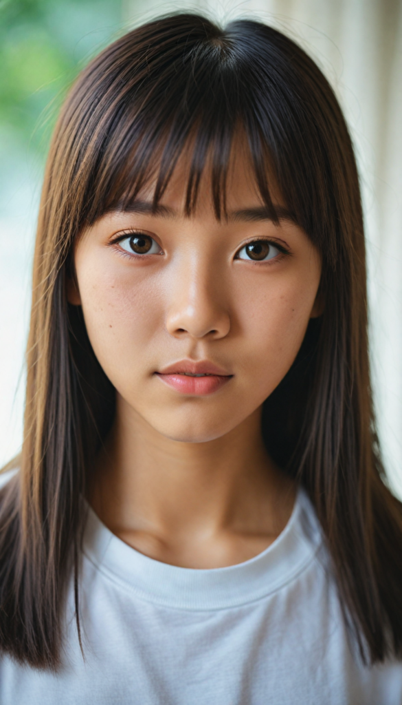 (portrait), detailed, (an Asian young cute girl), long straight soft detailed hair, realistic detailed amber eyes, bangs cut, white t-shirt