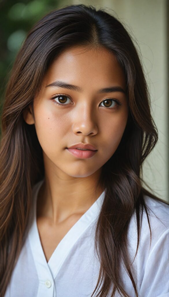 a breathtakingly (realistic portrait), capturing the essence of youthful beauty, featuring a (Burmese teen girl) who exudes (serene elegance), with long, flowing (straight hazelnut hair), and a (flawlessly detailed angelic face), where her (soft, realistic hazelnut eyes), gaze sadly towards the viewer from a (side perspective). She is clad in a (super short, sharply tailored (white T-shirt), cut from thin silk), with flawless anatomical proportions that draw the eye, against a (subtle, uncluttered backdrop of white). The overall atmosphere evokes a (cinematic sophistication) that exudes timeless appeal