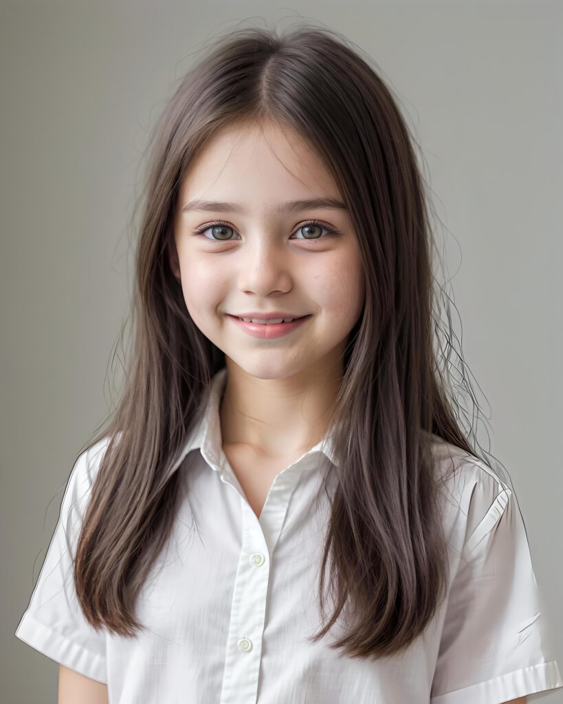 perfect portrait, very cute young girl, white shirt, smile, detailed straight hair, brown eyes