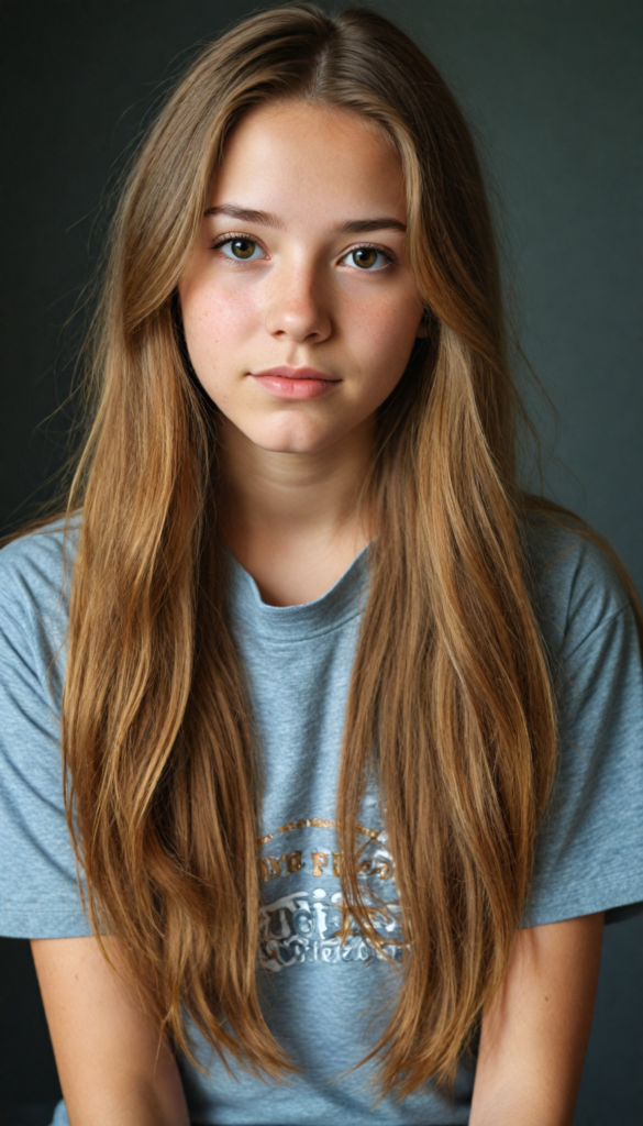 a cute detailed and realistic teen girl, detailed long brown-gold full hair, full portrait, grey t-shirt, (gorgeous) (stunning) (model)