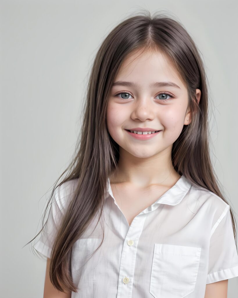 perfect portrait, very cute young girl, white shirt, smile, detailed straight hair, brown eyes