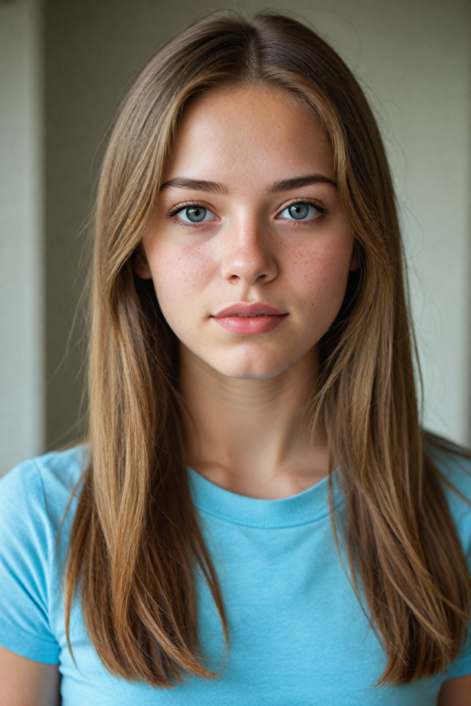 a very detailed and realistic portrait of a (cute teen girl), (long yet straight light brown hair), (realistic detailed brown eyes), (full kissable lips), (realistic detailed, light amber eyes), (face illuminated), perfect curved fit body, she wears a light blue t-shirt