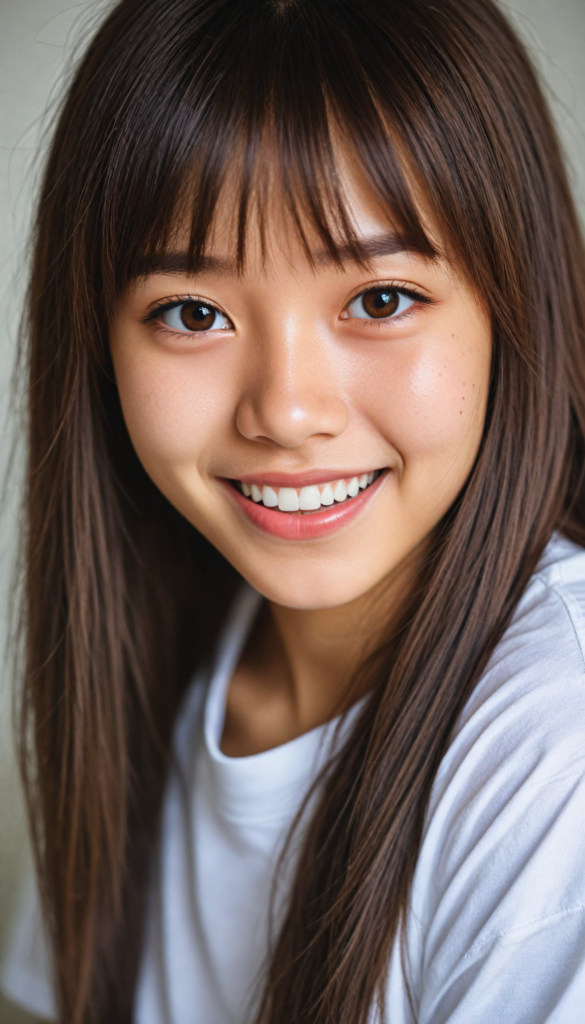 (portrait), detailed, (a Japanese young cute girl), long straight soft detailed hair, realistic detailed amber eyes, bangs cut, white t-shirt, smile, white teeth