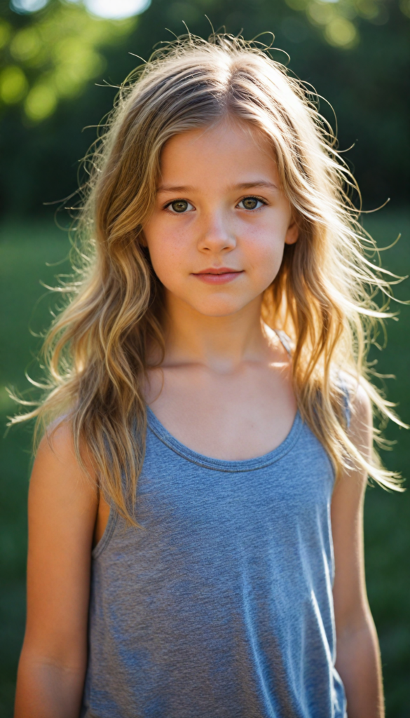 a (detailed and realistic photo), capturing a (very cute young girl), with long, flowing, messy soft brown-blonde hair, wearing a (tank top), all against a backdrop of a (beautiful, sunny day in nature)