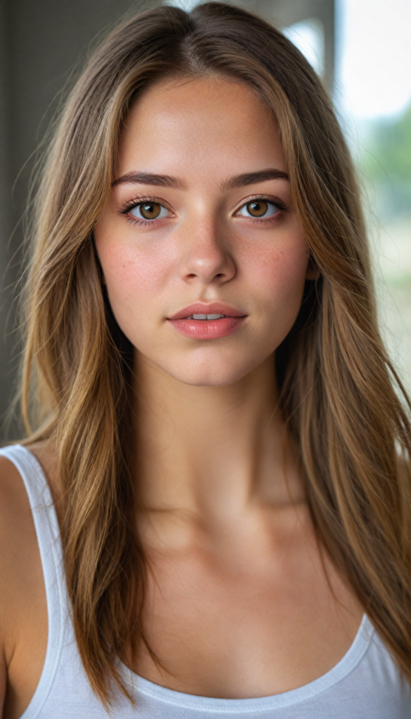 a very detailed and realistic portrait of a (cute teen girl), (long yet straight light brown hair), (realistic detailed brown eyes), (full kissable lips), (realistic detailed, light amber eyes), (face illuminated), (wearing a very low cut (white tank top) made on fine wool), perfect curved fit body