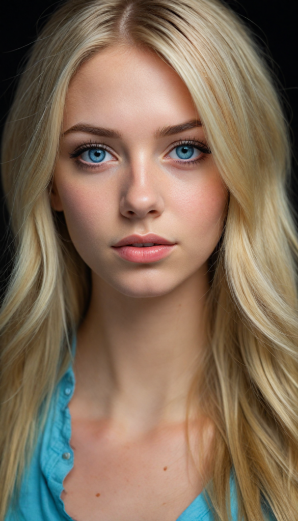 create a 3D image: of a gorgeous, stunning teen girl, straight blond detailed hair, she looks seductively, (light blue eyes), black eyeliner, tight dressed, (full lips) perfect shadows and lights, (black background) (full body)