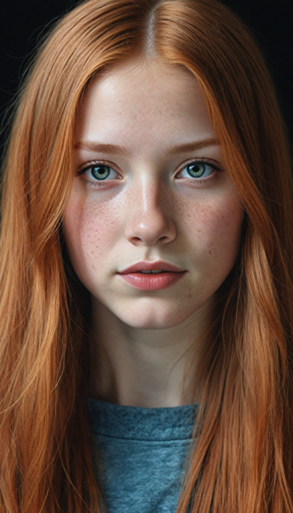 (portrait), detailed pencil drawing, silvery-skinned (young teen girl), long straight red hair (black background)