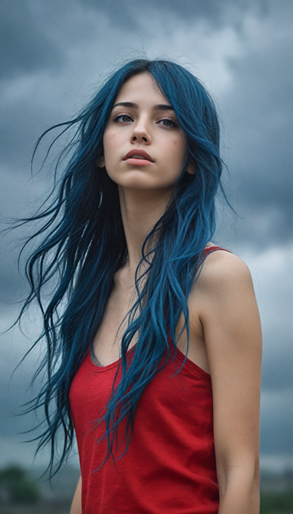 an illustrated teen emo girl with luxuriously long, flowing blue hair cascading like silk, set against a strikingly detailed backdrop of swirling gray clouds and ethereal shadows. Tears glisten on her cheeks, capturing the light like droplets of rain, as her amber eyes, deep and expressive, reveal a haunting sadness that conveys the burden of unspoken stories. The scene is accentuated by delicate hints of vibrant crimson in her attire, dreamlike atmosphere, she wears a red short tank top