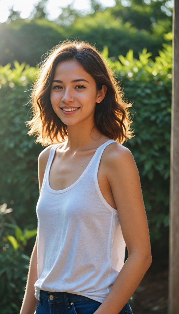 a stunning and gorgeous girl, detailed and realistic full portrait, stand in front of viewer at a sunny day, smile, she wears a light summer tank top, super realistic and round face