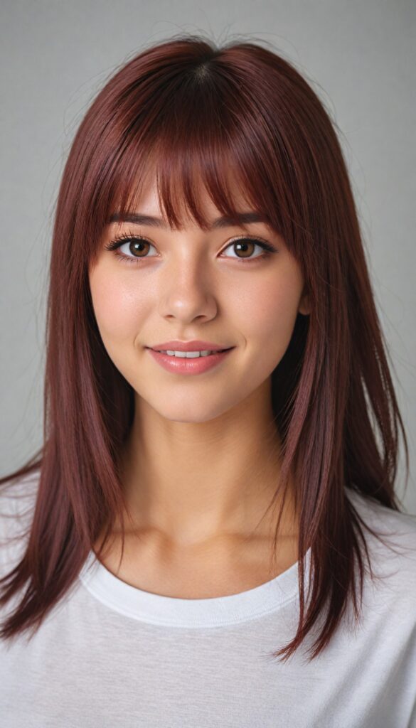 cute teen girl, detailed straight hair, styled bangs, white tight short t-shirt, perfect curved body, ultra realistic face, realistic amber eyes, detailed maroon straight hair, a stunning photo with beautiful saturation, ultra high resolution, deep shadow, (best quality, masterpiece), highly detailed, looking at viewer, warm smile, ultra realistic, side shot, white background, full body shot