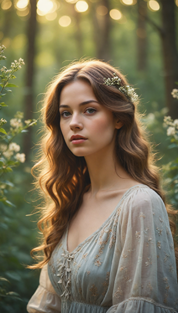 a dreamlike portrait of a stunning girl, her features softly illuminated with a warm, golden glow, enveloped in a delicate, ethereal haze that swirls around her like mist in a twilight forest, reminiscent of a 1970s romantic novel cover; her hair flows like liquid gold, adorned with wildflowers, as she gazes thoughtfully into the distance, embodying a sense of serene enchantment and nostalgia, capturing the whimsical elegance of a vintage art style reminiscent of classic fairy tales, blending realism with surrealism in a soft, painterly texture.