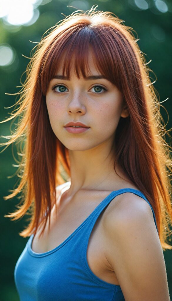 an upper body portrait from, a (teen girl with bangs cut), (vividly drawn long, straight soft red hair) that reflects the light, is depicted with exquisite detail, her face softly angelic yet realistically defined, big round eyes, wearing a (super short, sleek blue tank top) against a sunny backdrop, (side view)