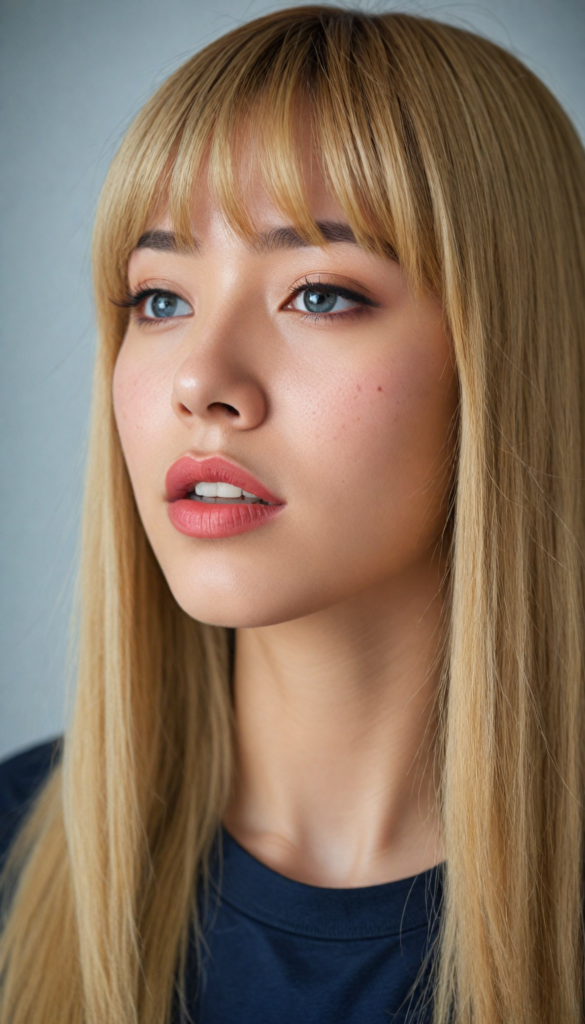 create a detailed and masterpiece of (side view) portrait: a Japanese girl, long blond soft straight hair, bangs, she looks astonished and her mouth is slightly open, (her eyes are light blue) (full red lips) (round face) perfect shadows and light, she wears a black soft t-shirt