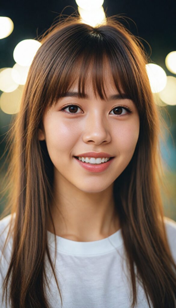 a portrait of (cute) Asia teen girl (long, straight light brown hair, bangs), (stunning), beautifully realistic, cinematic lights, realistic detailed angelic round face, (realistic detailed amber eye) looks happy at the camera, perfect curved body, (wears a super short tight (white t-shirt)), perfect anatomy, side perspective