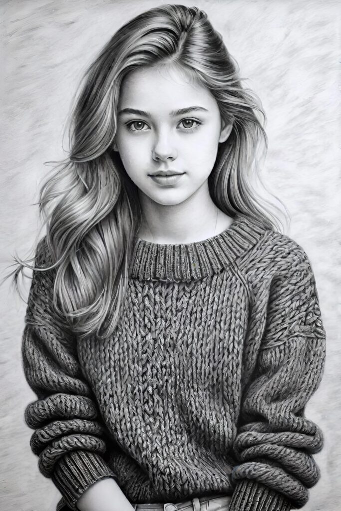 super realistic, detailed, ((gorgeous)) ((stunning)) cute young breasted girl, full portrait, 18 years old, pencil drawing, thin wool sweater