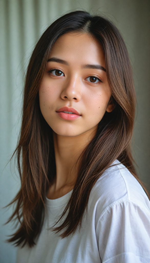 a (stunningly elegant and cute long, straight hazelnut hair) Asian (teen girl) with a (realistically detailed angelic round face) and (realistically detailed hazelnut eyes) looking pensively at the camera in a (perfectly drawn portrait shot) against a (flawlessly detailed, realistic skin color) backdrop, wearing a (super short, tight white t-shirt made on thin silk), her flawless form elegantly framed by a side perspective, without any (background details)