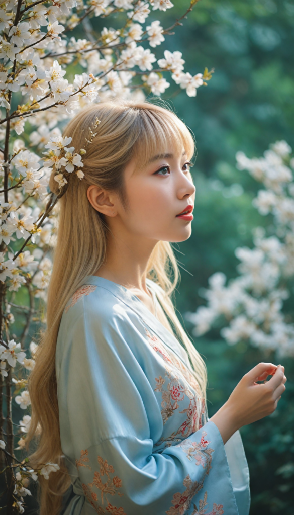 create a stunning and intricate side view portrait of a Japanese girl with flowing, silky blonde hair that cascades down her back. Her straight locks frame her round face, accented by delicate bangs. She gazes in astonishment, her light blue eyes wide and sparkling, with a hint of mischief, while her full red lips are slightly parted in surprise. Bathed in soft, ethereal light, the scene captures perfect shadows that play across her features, enhancing her natural beauty. She wears a black, softly draped t-shirt, adding a contemporary and elegant touch. In the background, a watercolor wash of pastel colors subtly blurs, echoing the serenity of a Japanese garden, with hints of cherry blossoms and vibrant greenery. The overall ambiance evokes a dreamy, whimsical atmosphere reminiscent of the works of Yoshitaka Amano, blended with the fluidity of Art Nouveau