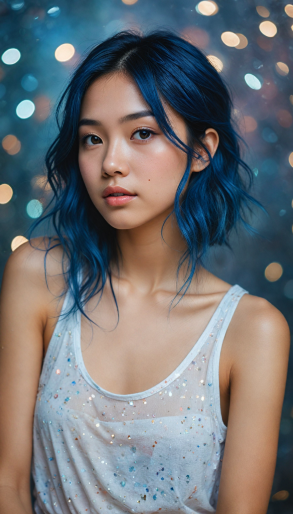 hyper-realistic, intricately detailed portrait of a captivating young Asian girl with flowing, iridescent dark blue hair that glimmers like the night sky. She gazes softly into the camera, her expression embodying a blend of innocence and curiosity. Adorned in a delicate, sheer white tank top that subtly catches the light, the background features a dreamy bokeh of soft pastel colors, creating an ethereal atmosphere. Incorporate elements of watercolor splashes and shimmering glitter for a magical touch, reminiscent of contemporary fantasy art styles.