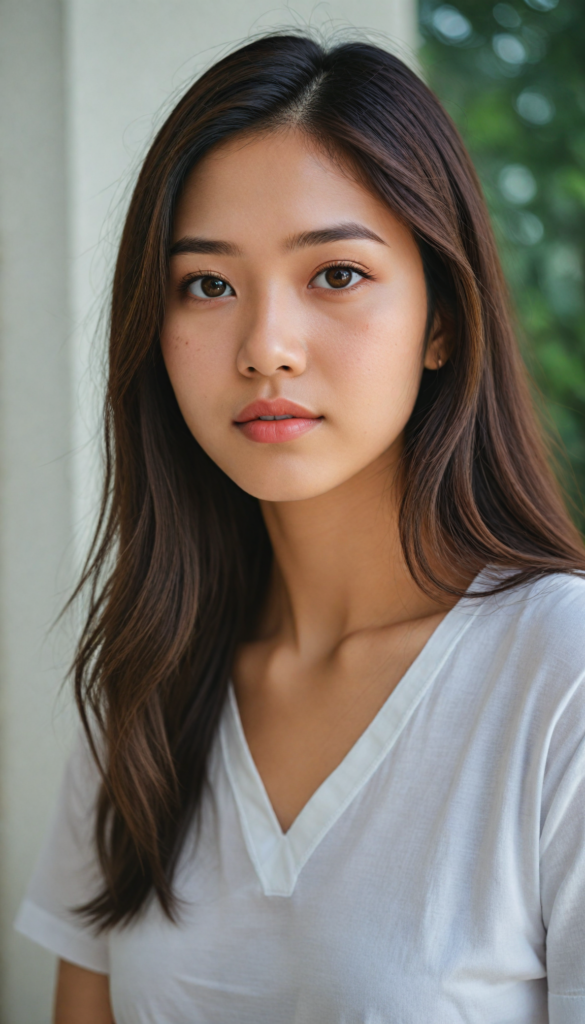 a (stunningly elegant and cute long, straight hazelnut hair) Asian (teen girl) with a (realistically detailed angelic round face) and (realistically detailed hazelnut eyes) looking pensively at the camera in a (perfectly drawn portrait shot) against a (flawlessly detailed, realistic skin color) backdrop, wearing a (super short, tight white t-shirt made on thin silk), her flawless form elegantly framed by a side perspective, without any (background details)