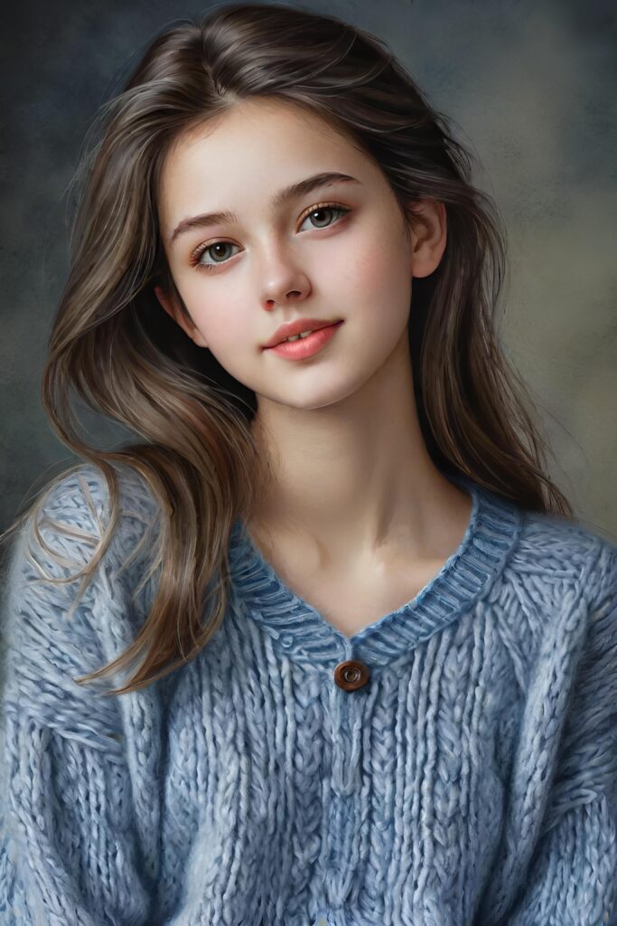 super realistic, detailed, ((gorgeous)) ((stunning)) cute young breasted girl, full portrait, 18 years old, wathercolor style, thin wool sweater