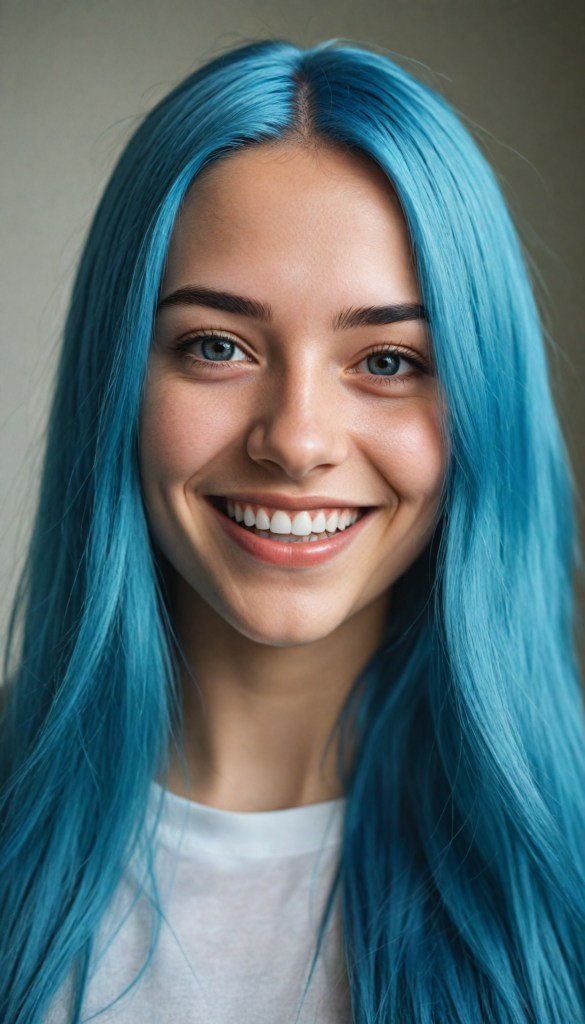 a detailed and super realistic portrait from a young stunning gorgeous girl with long, soft jet straight blue hair, smile, upper body